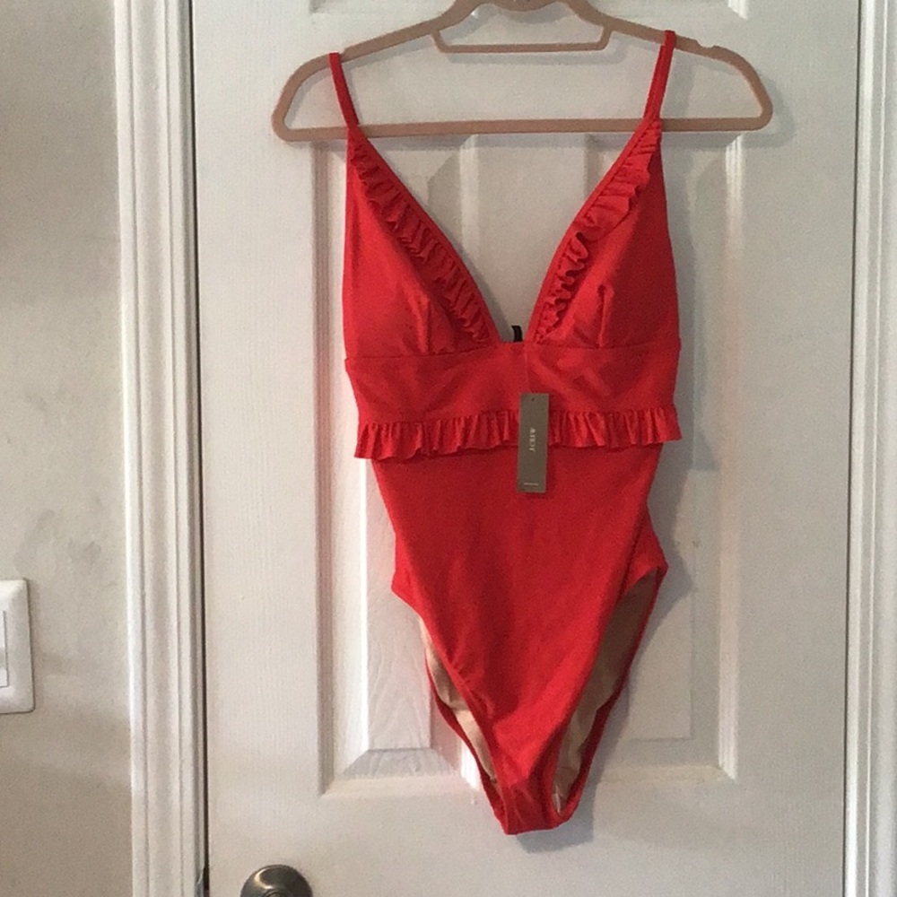 J. Crew Red One Piece Swimsuit with Lace Trim